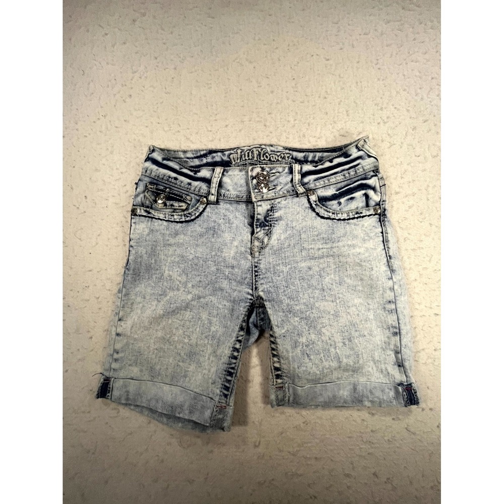 WallFlower Bermuda Shorts Womens 7 Blue Denim Rhinestone Cuffed Hem Modern